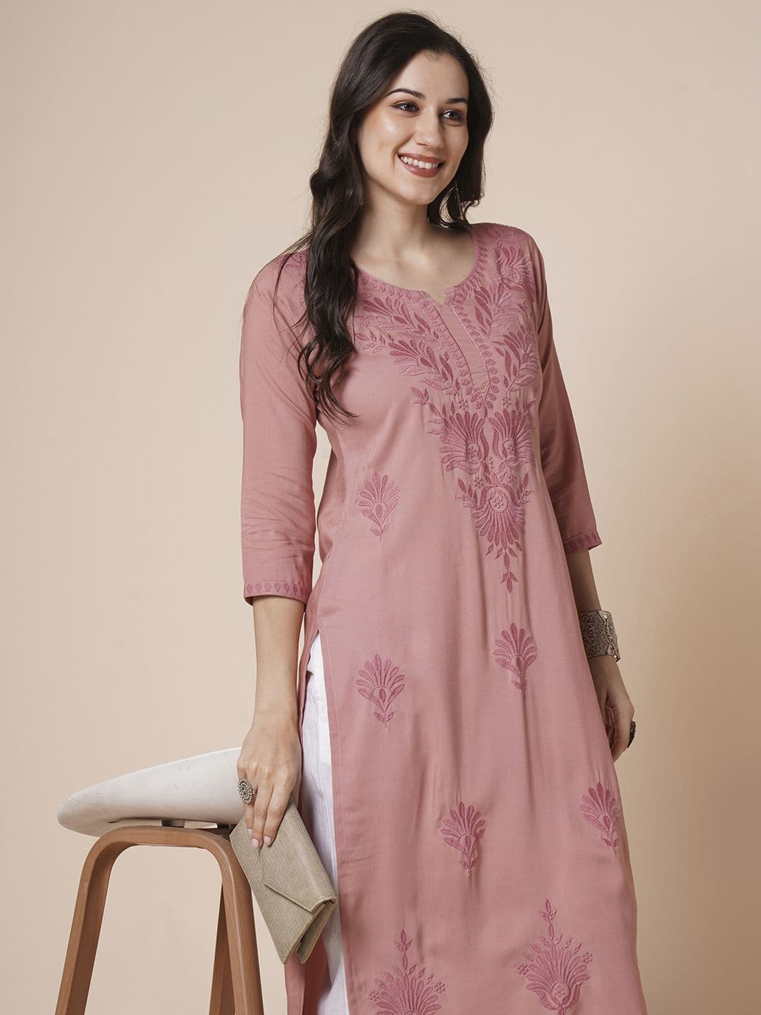 RATAN Women Rayon Chikankari Embroidered Kurta - view 1