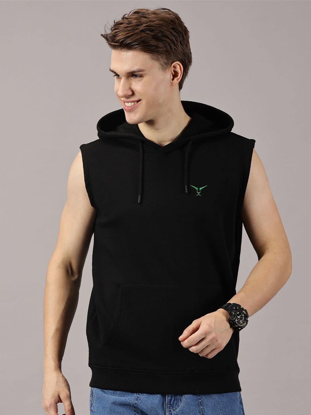 LEON Men Solid Hooded Sleeveless Sweatshirt - view 1