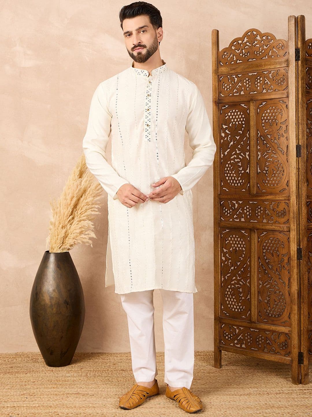 House of Pataudi Striped Mandarin Collar Sequinned Straight Kurta - view 1