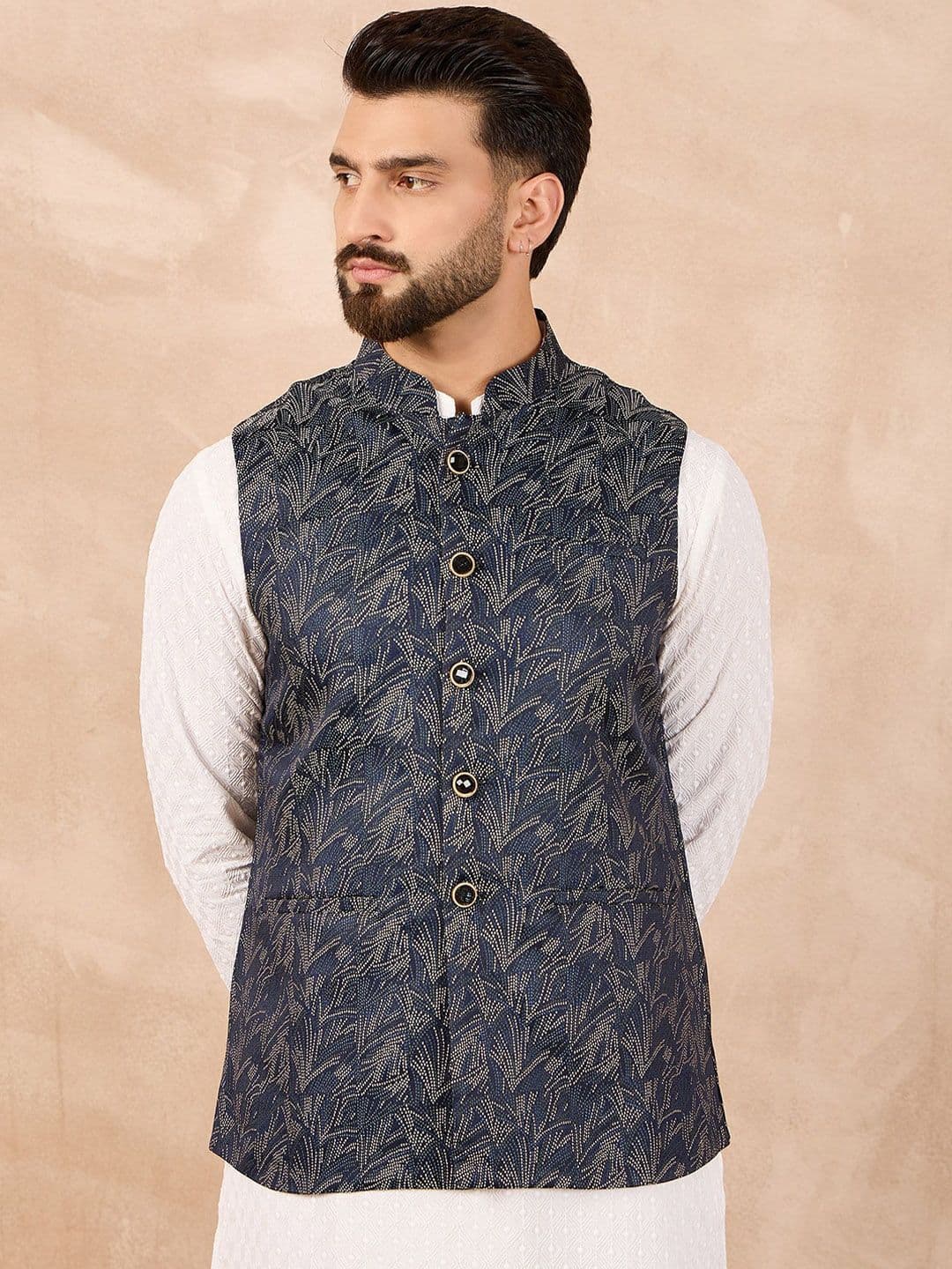 House of Pataudi Woven Design Mandarin Collar Nehru Jacket - view 1