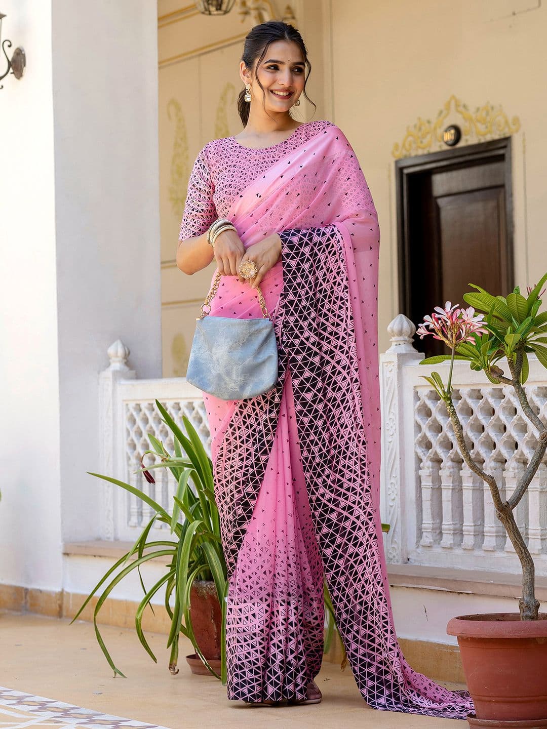 Mitera Women Geometric Printed Pure Georgette Ready to Wear Saree - view 1
