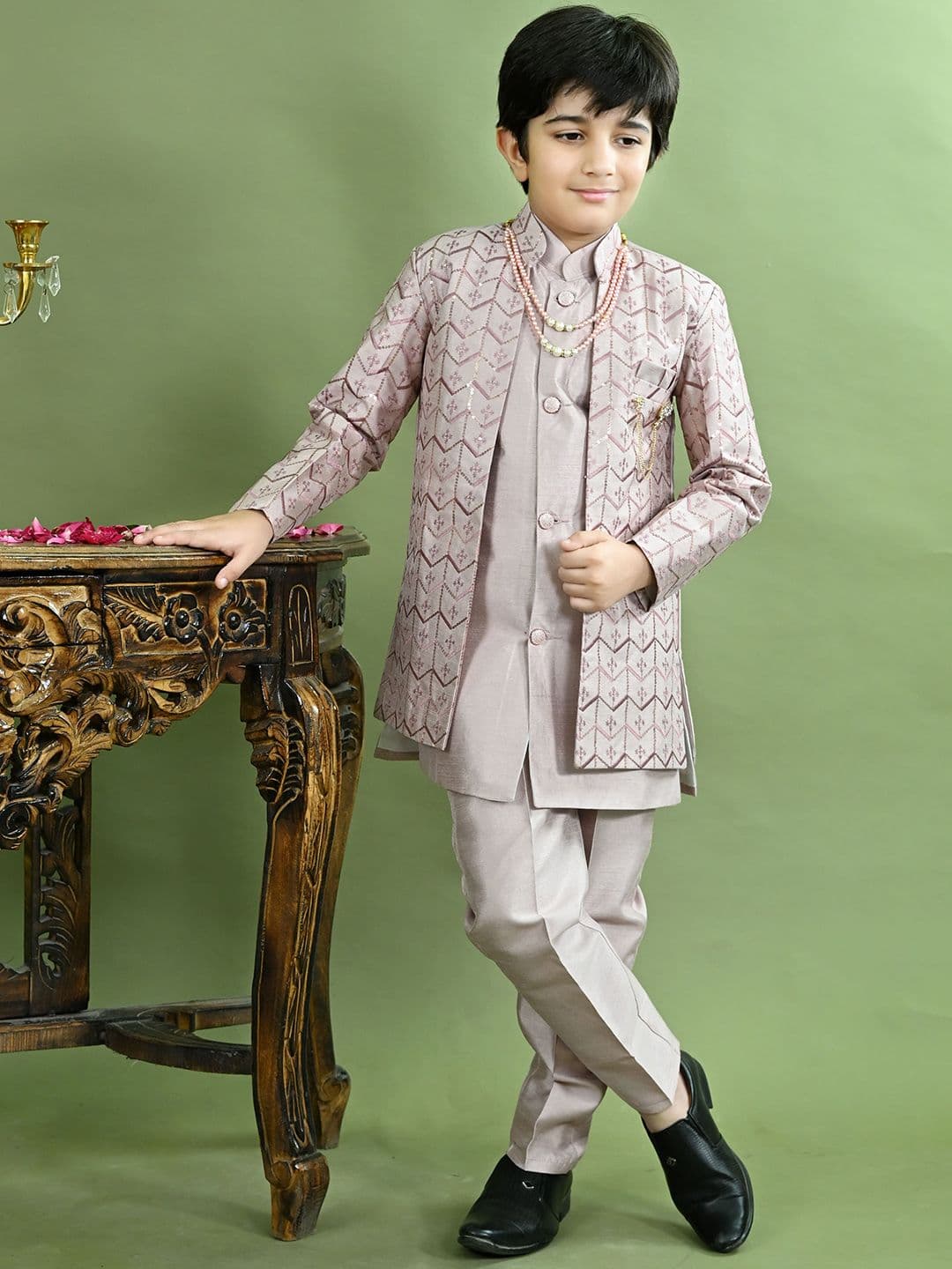 BT DEZINES Boys Zig Zag Sequined Embroidered Raw Silk Sherwani Set - view 1