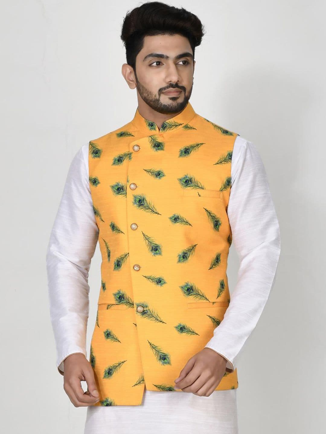 RANAK Digital Printed Dupion Silk Woven Nehru Jacket - view 1