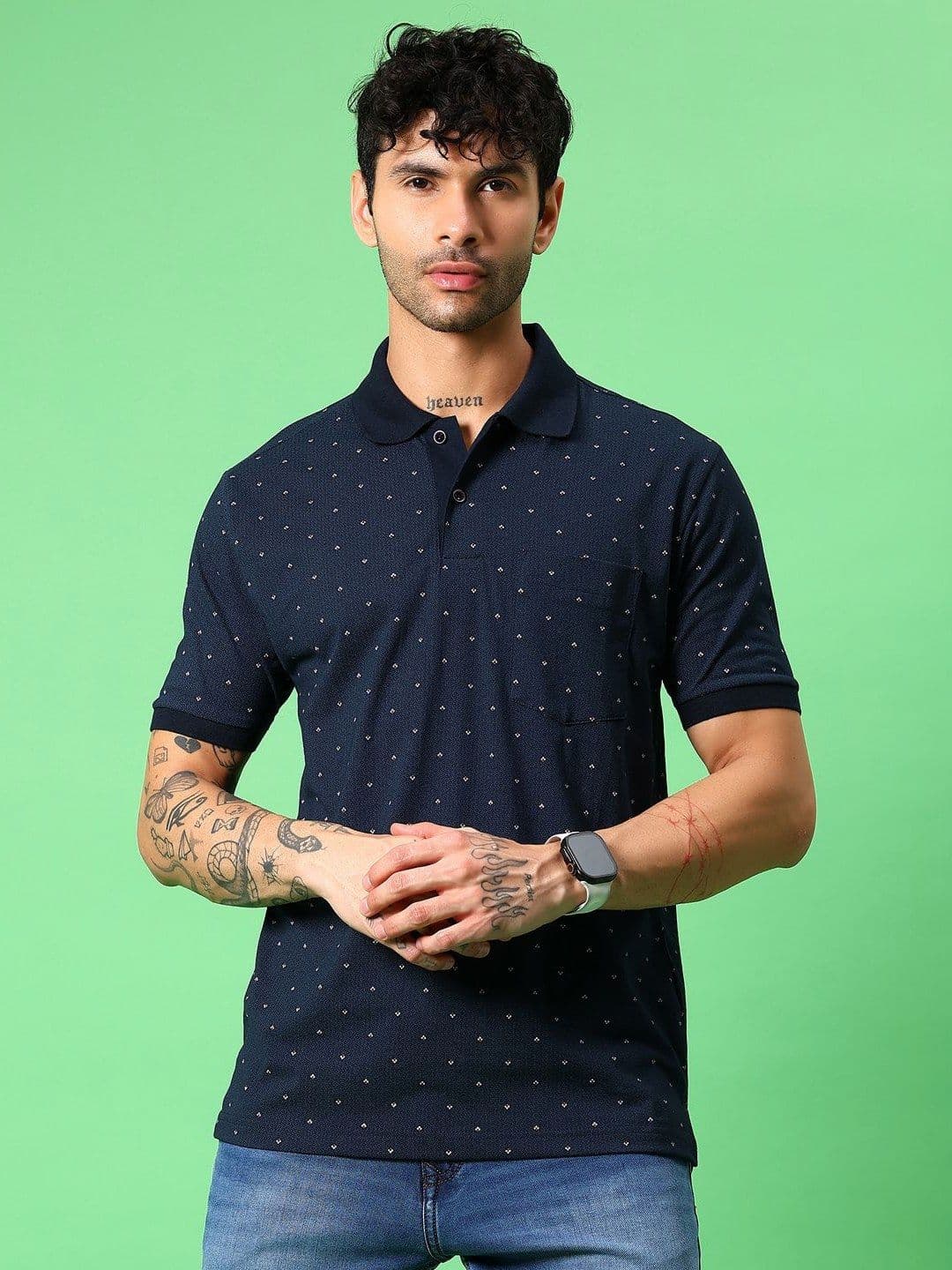 V-Mart Geometric Printed Polo Collar Extended Sleeves Cotton T-shirt - view 1