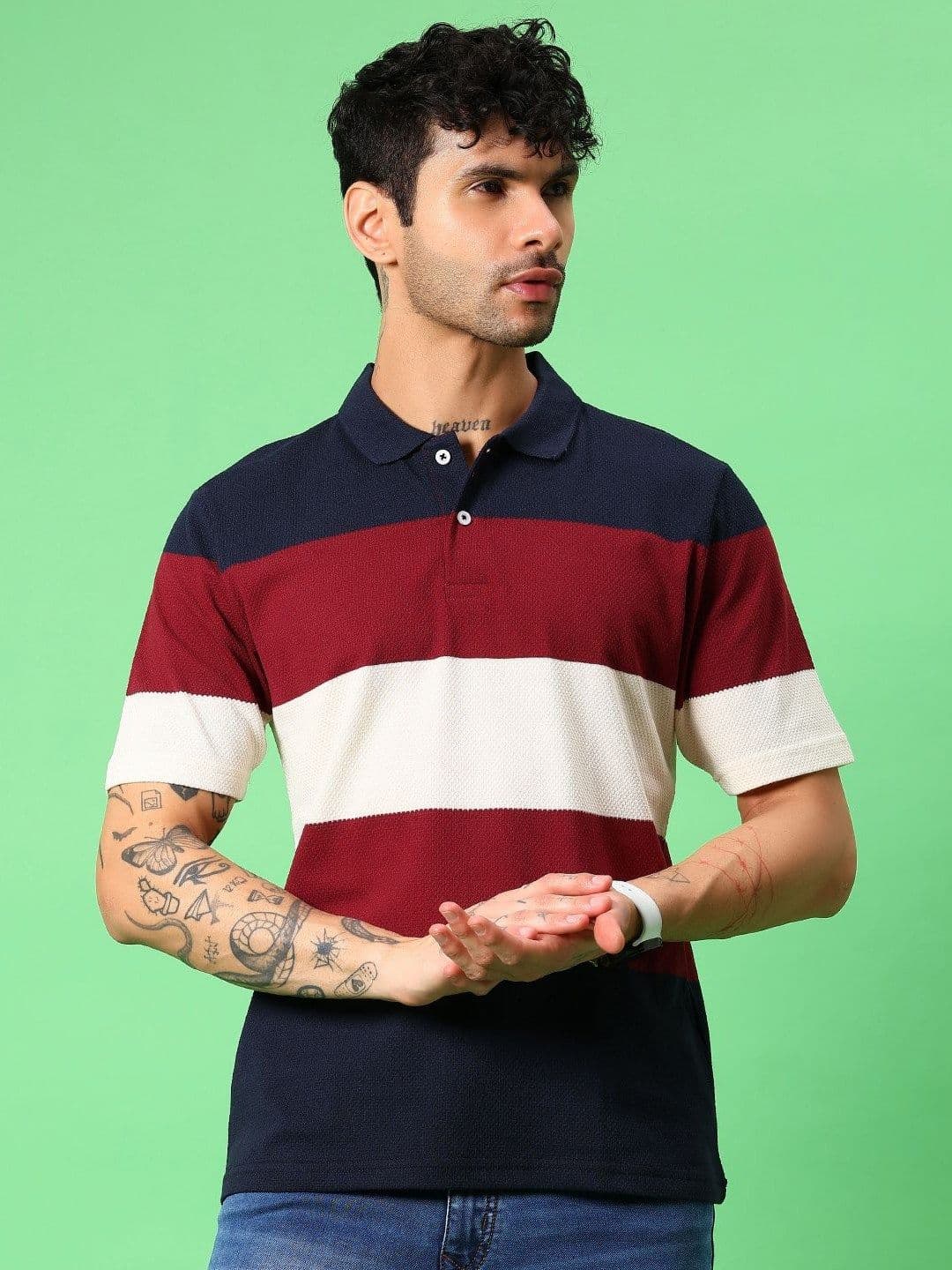 V-Mart Striped Polo Collar Applique T-shirt - view 1