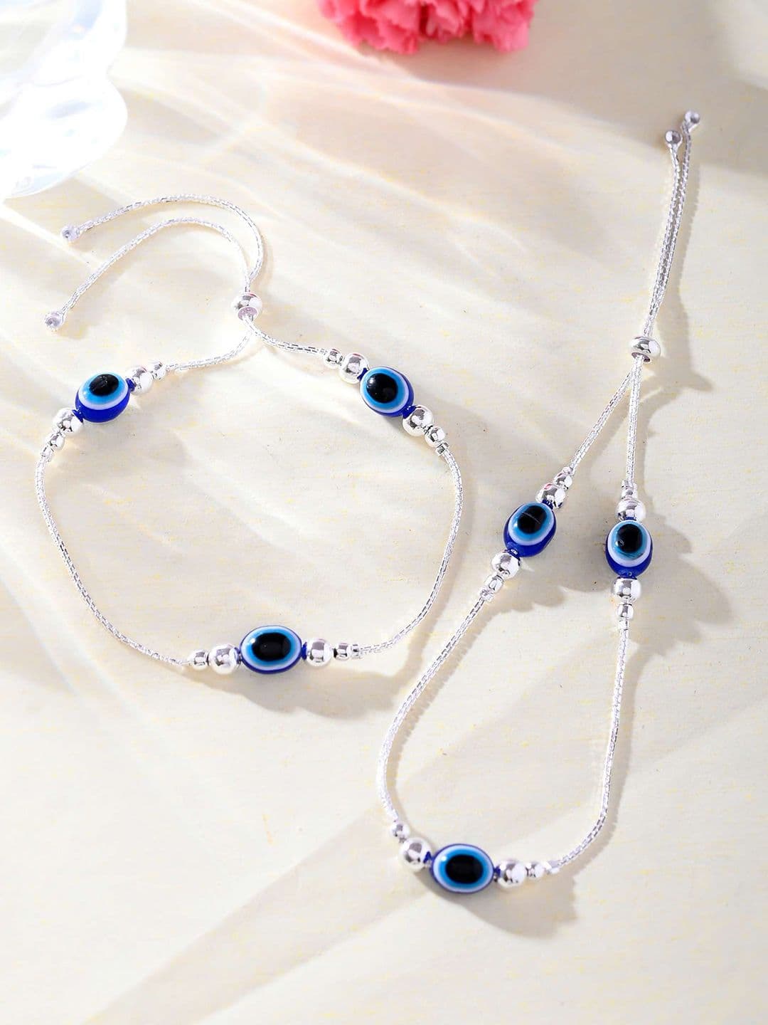 DIVASTRI Set Of 2 Sttainless Steel Silver-Plated Artificial Stones Beaded Anklet - view 1