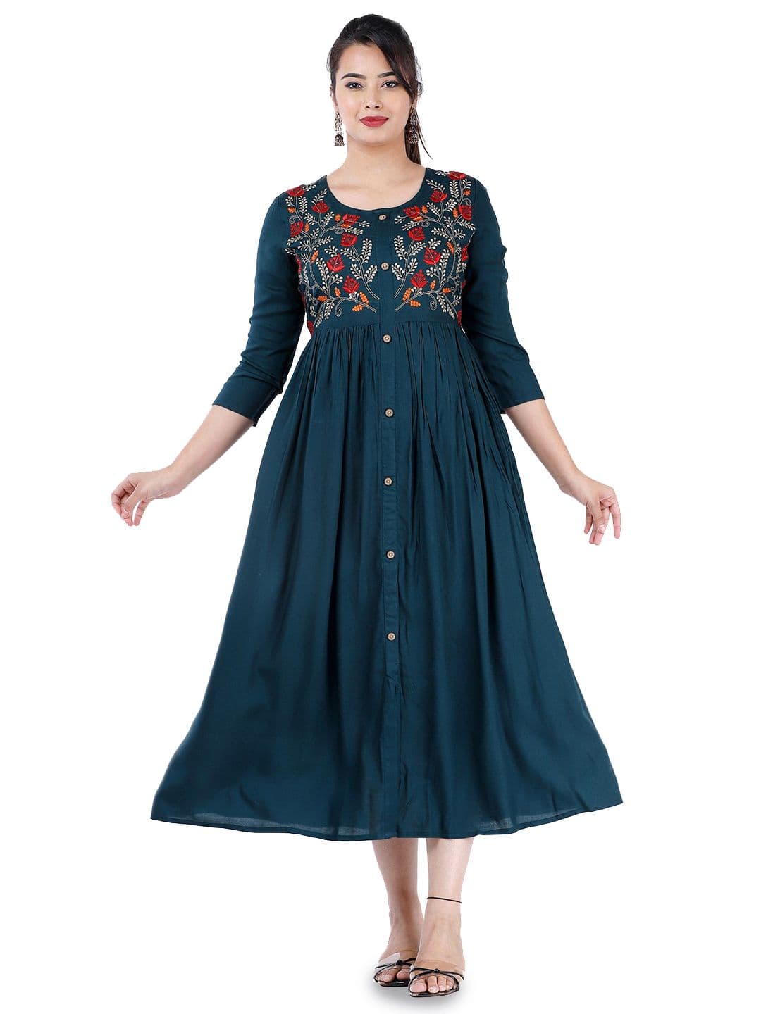 DMP EXPORT Floral Embroidered Pleated Fit And Flare Ethnic Dresses - view 1