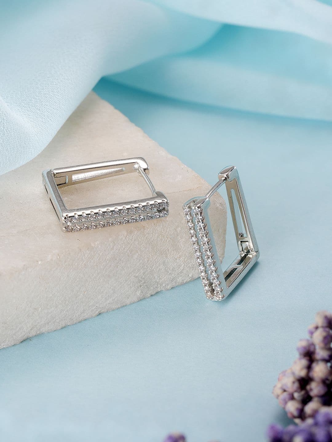 Jazz and Sizzle Rhodium Plated American Diamond Geometric Hoop Earrings - view 1