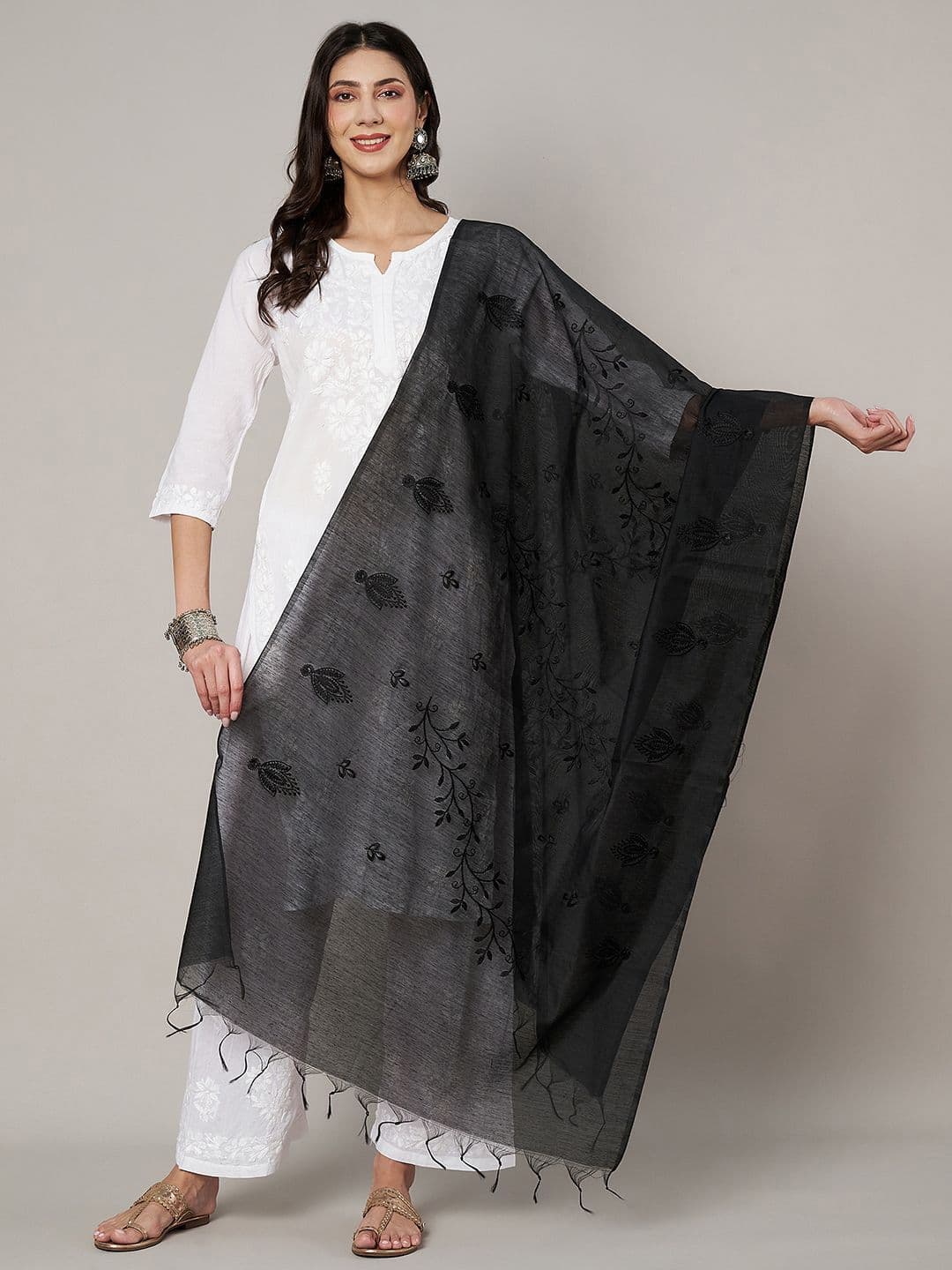 MUFFLY Embroidered Thread Work Cotton Dupatta - view 1
