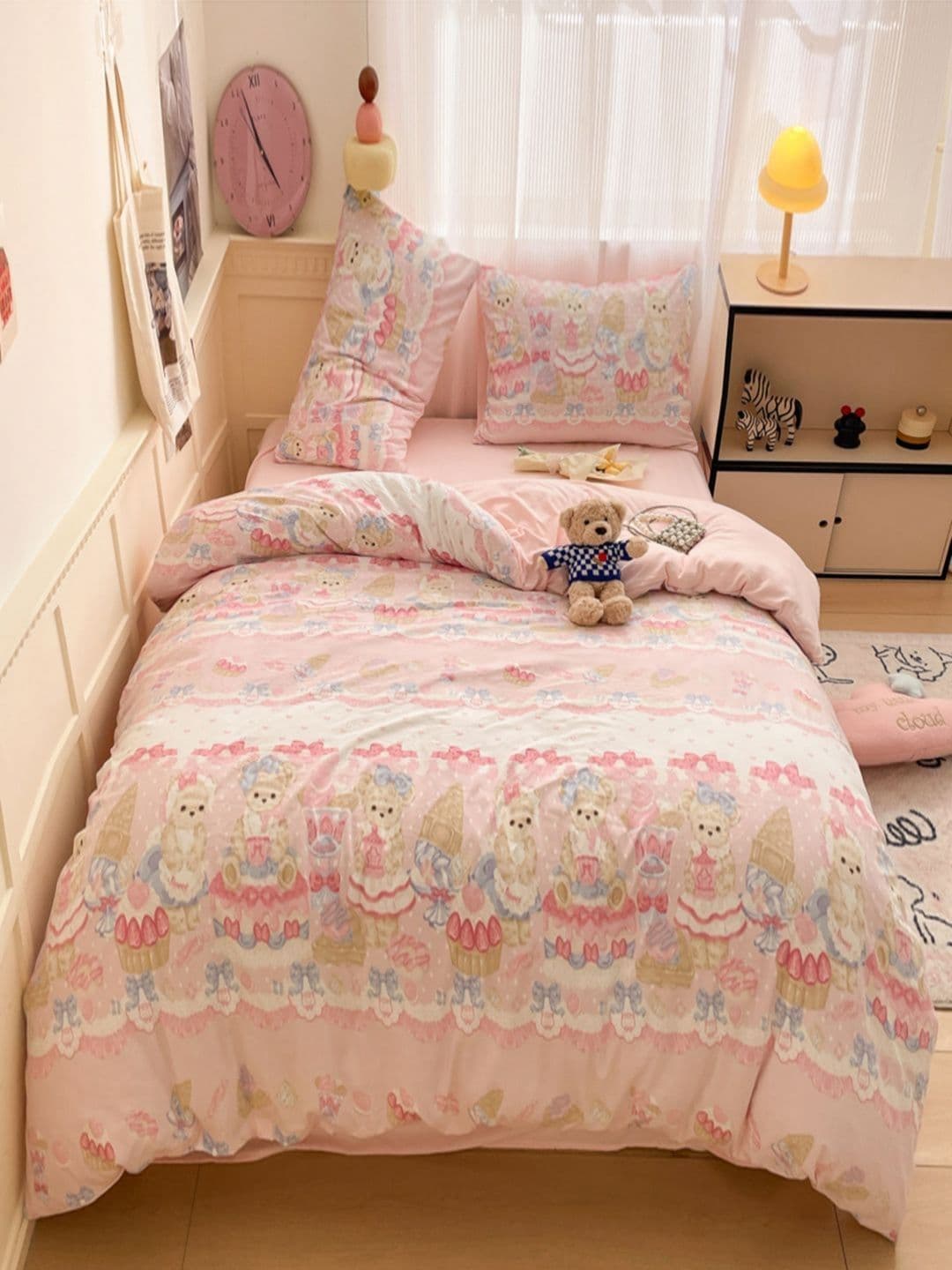 JC HOME Pink & Blue Cartoon Characters Polycotton 3 Piece Single Regular Bedding Set - view 1