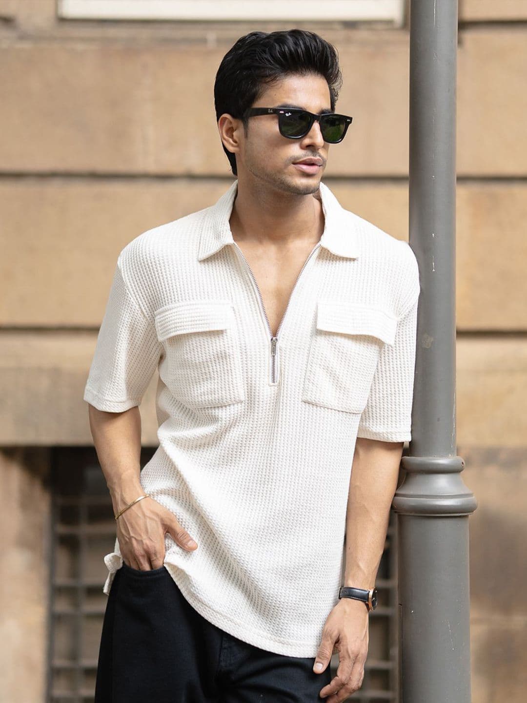 Powerlook Self Design Zipper Polo Drop-Shoulder Sleeves T-shirt - view 1