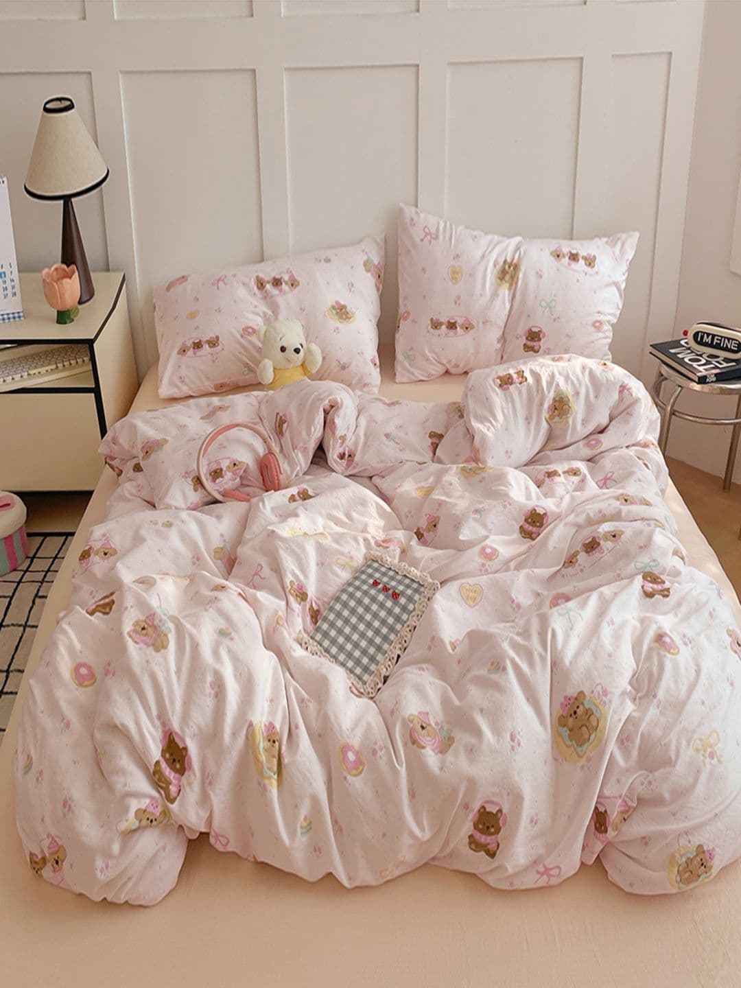 JC HOME Champagne & Pink Cartoon Characters Polycotton 3 Piece Double King Regular Bedding Set - view 1