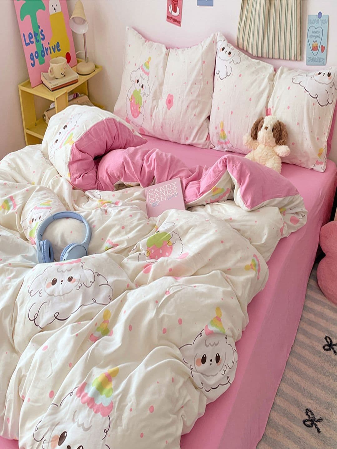 JC HOME Pink & White Cartoon Characters Printed Double Extra Large Regular Bedding Set - view 1