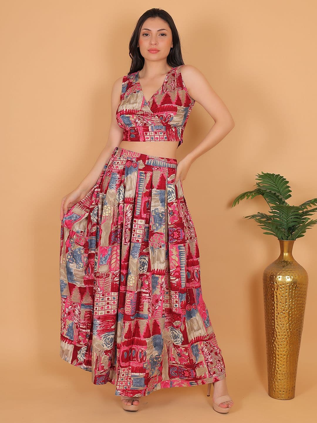 FIMS Women Printed V Neck Top & Skirt Co-Ord - view 1