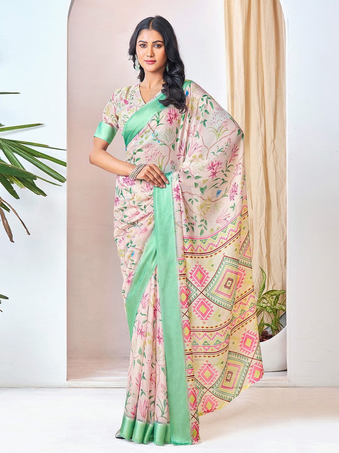Mitera Women Floral Print Pure Georgette Ready to Wear Saree - view 1