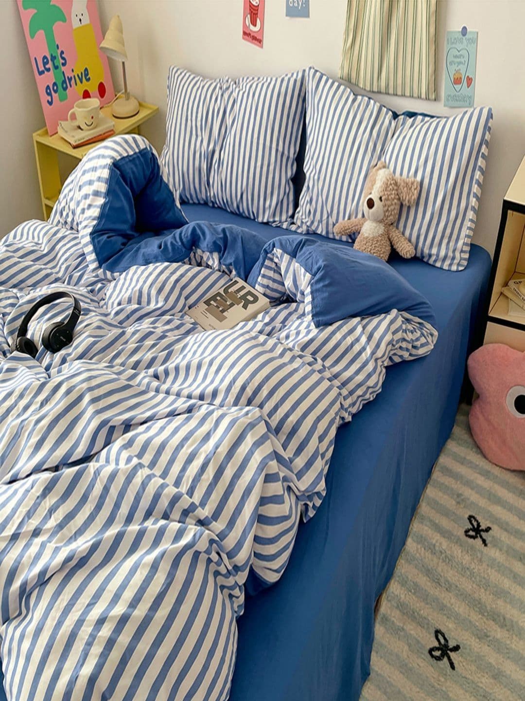 JC HOME Blue & White Striped Polycotton 3 Piece Double King Regular Bedding Set - view 1