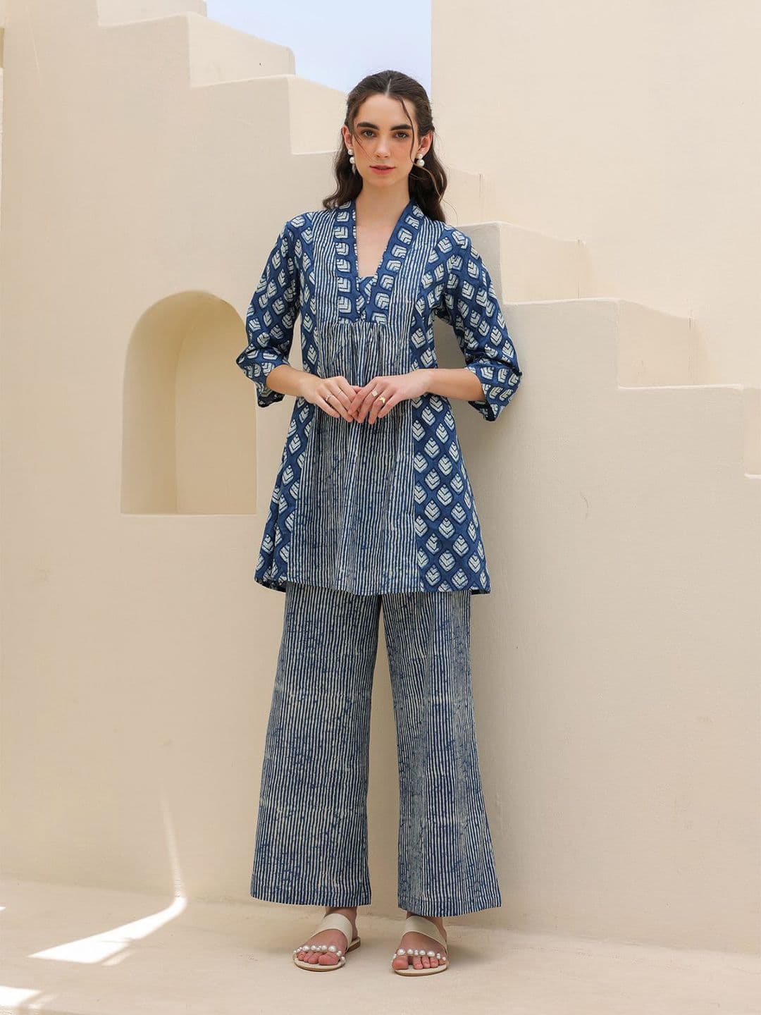 JISORA Women's Blue Printed Cotton Top With Trousers Co-Ord Set - view 1