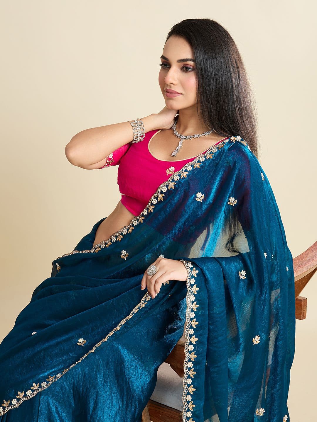 Kandora Women Embroidered Embellished Beads and Stones Pure Chiffon Saree - view 1