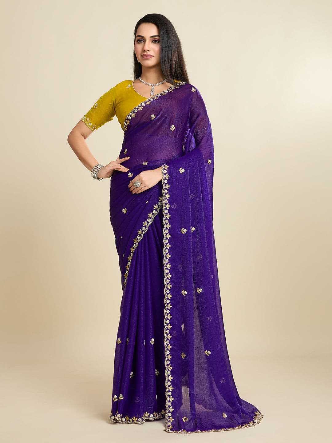 Kandora Embellished Beads and Stones Pure Chiffon Saree - view 1