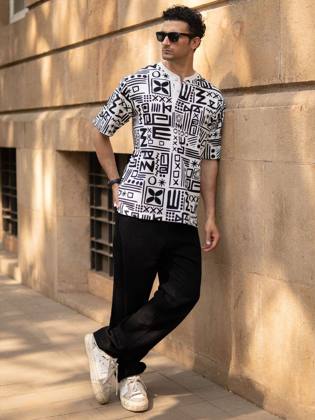 Powerlook Men Graphic Printed Henley Neck Oversized Casual T-shirt - view 1