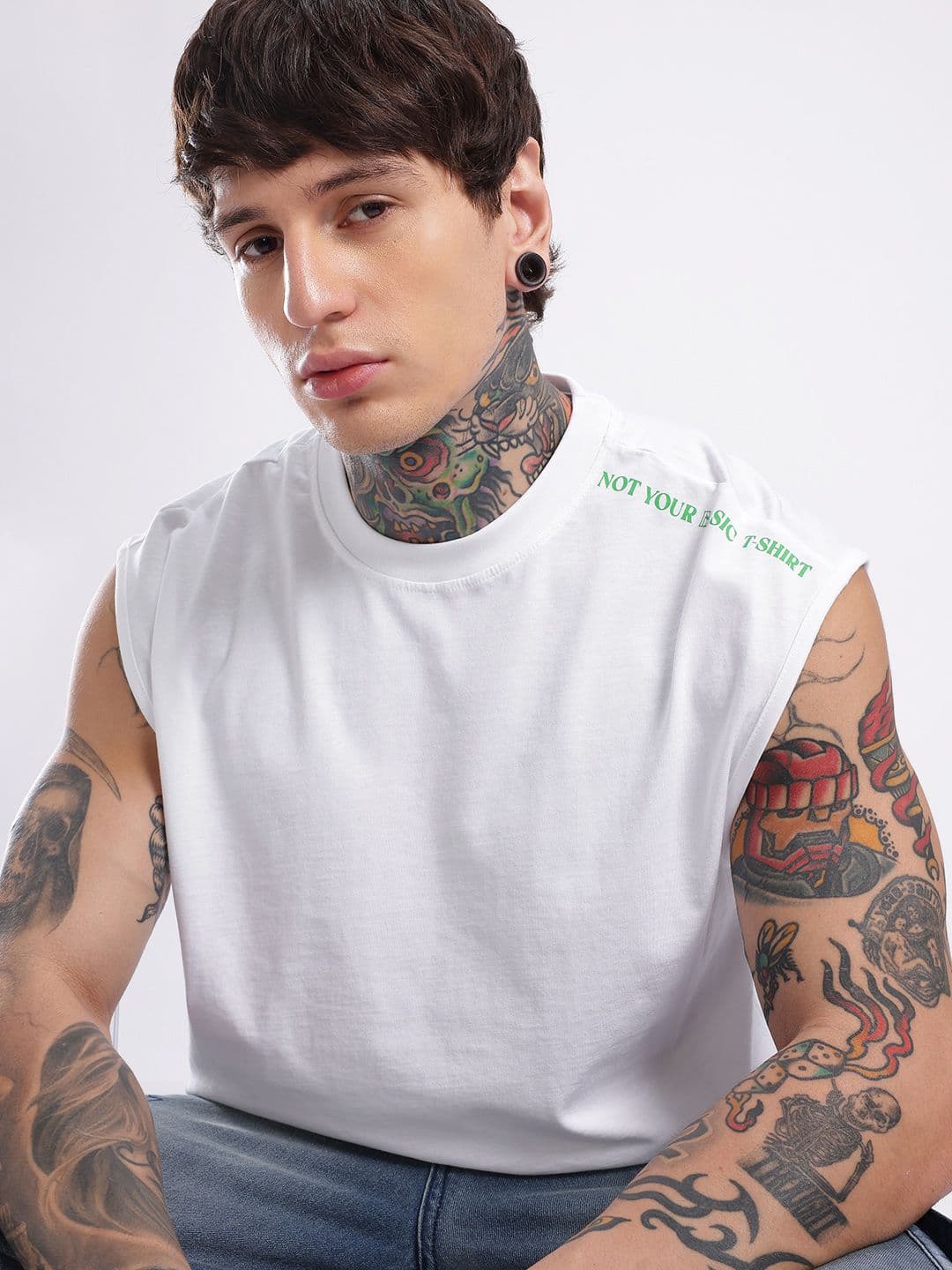 glitchez Oversized Fit Sleeveless Typography Printed T-shirt - view 1