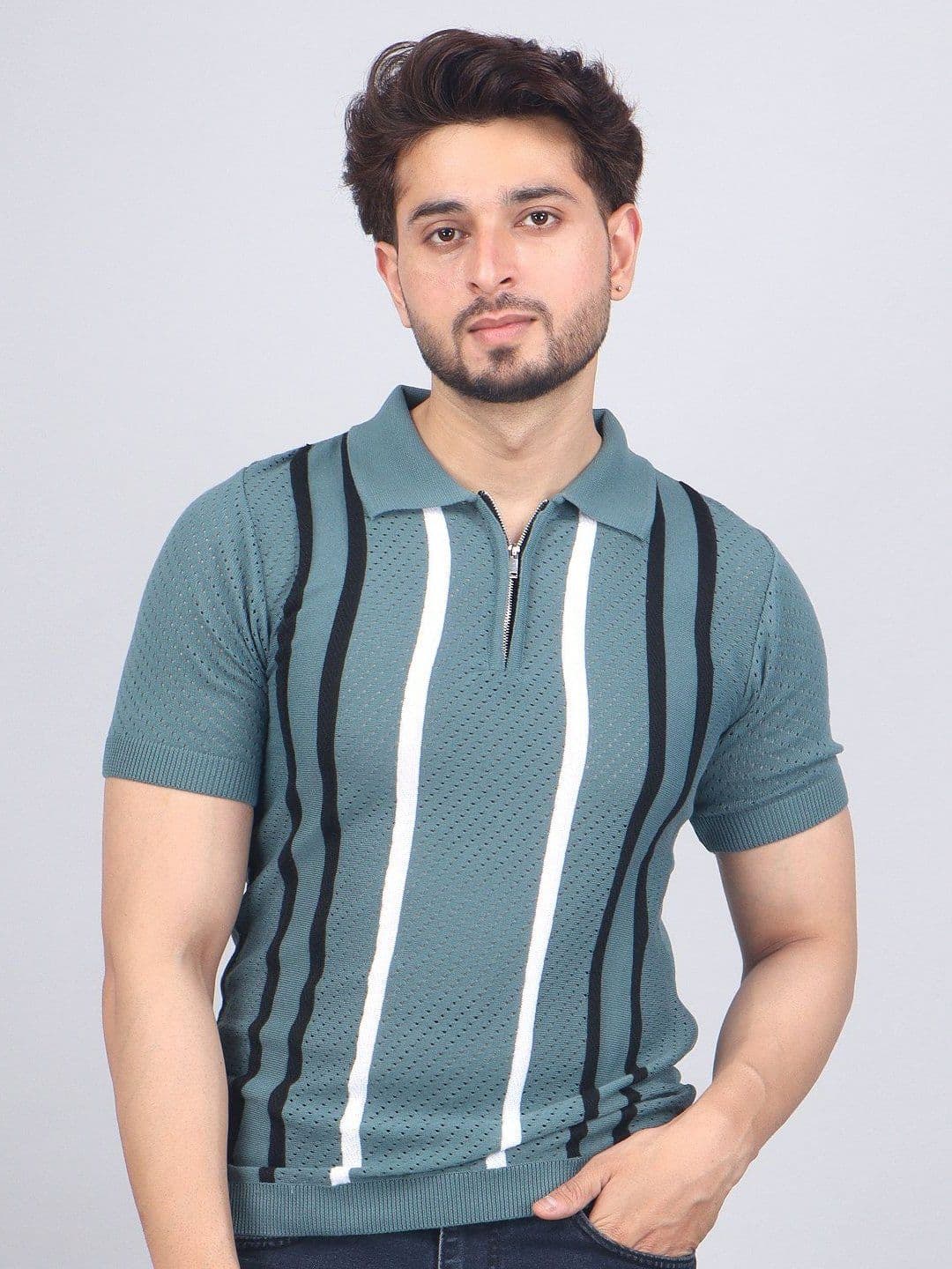 FEVERFEW Striped Polo Collar Cotton Regular Fit T-shirt - view 1
