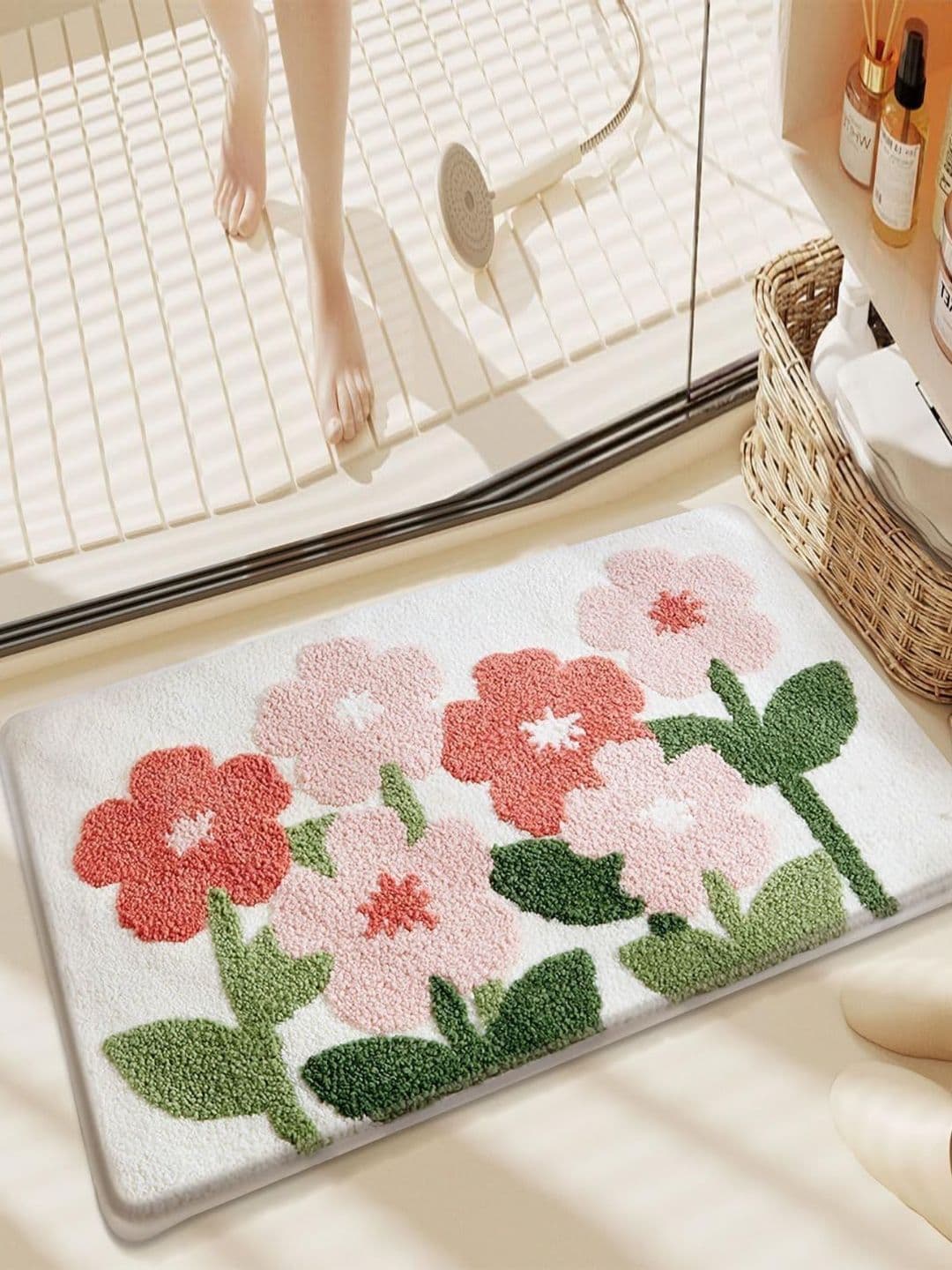 AAZEEM White & Pink Floral Printed Non-Slip Microfibre Bath Rug - view 1