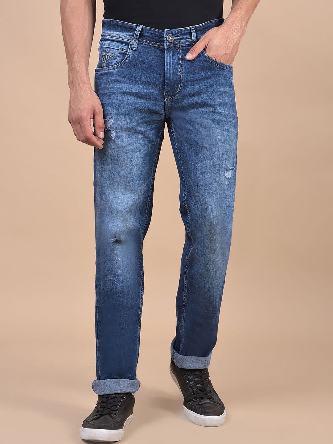 Cantabil Men Regular Fit Mid-Rise Low Distress Light Fade Stretchable Jeans - view 1