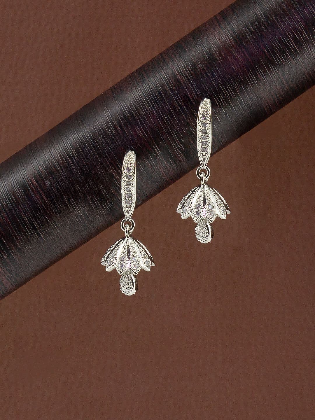 PRIVIU Silver-Plated American Diamond Studded Dome Shaped Jhumkas - view 1