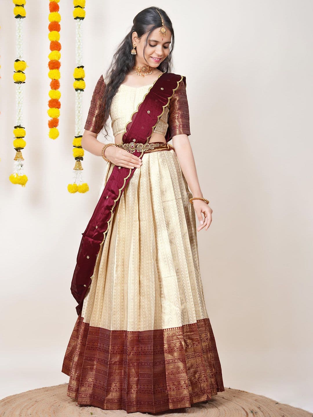 Fabcartz Floral Woven Design Semi-Stitched Lehenga & Unstitched Blouse With Dupatta - view 1