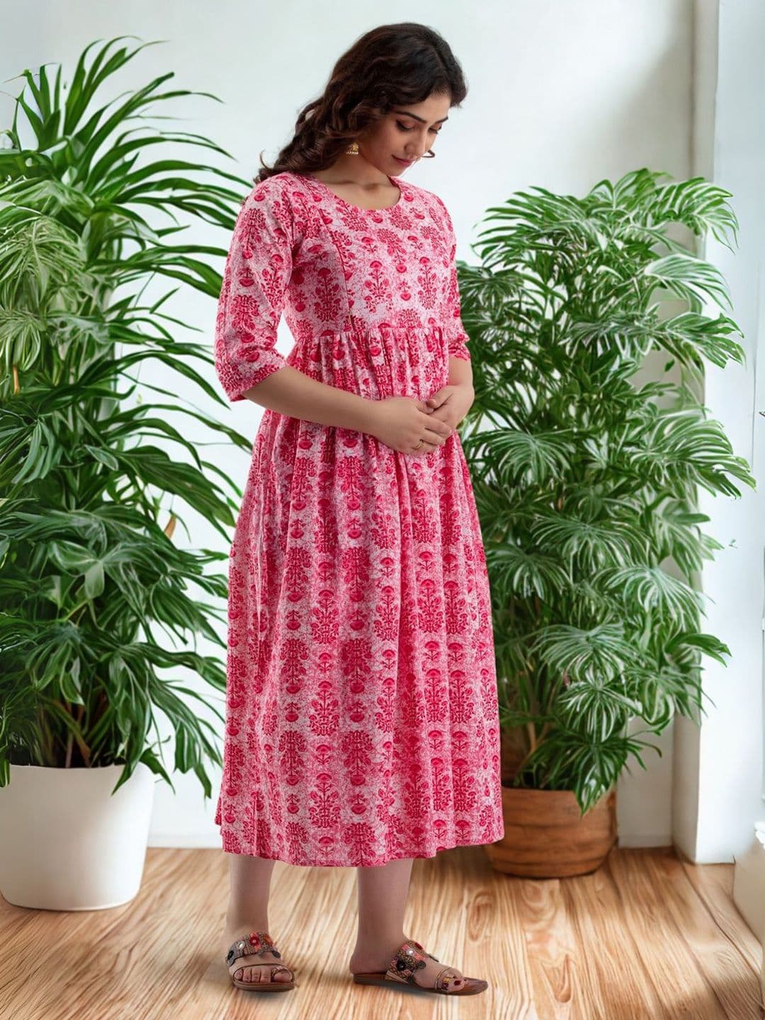 Vaidiki Women Maternity Plus Size Floral Printed Flared Cotton Ethnic Dress - view 1