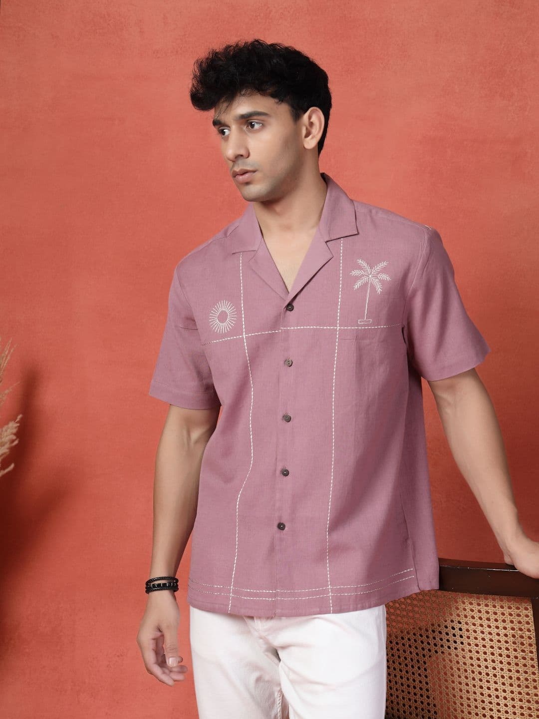 Sangria Embroidered Cotton Cubans Collar Shirt - view 1