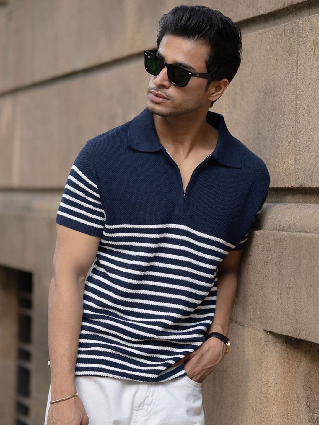Powerlook SS25 Knitted Striped Polo Collar Pure Cotton T-Shirt - view 1