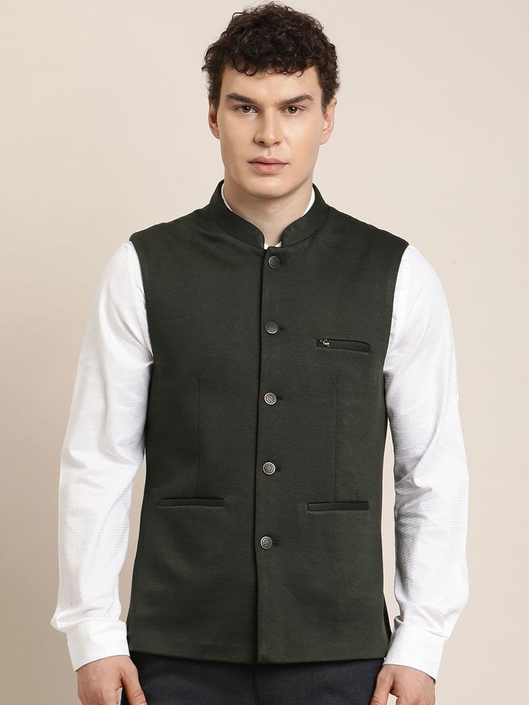 Turtle Knitted Mandarin Collar Nehru Jacket - view 1