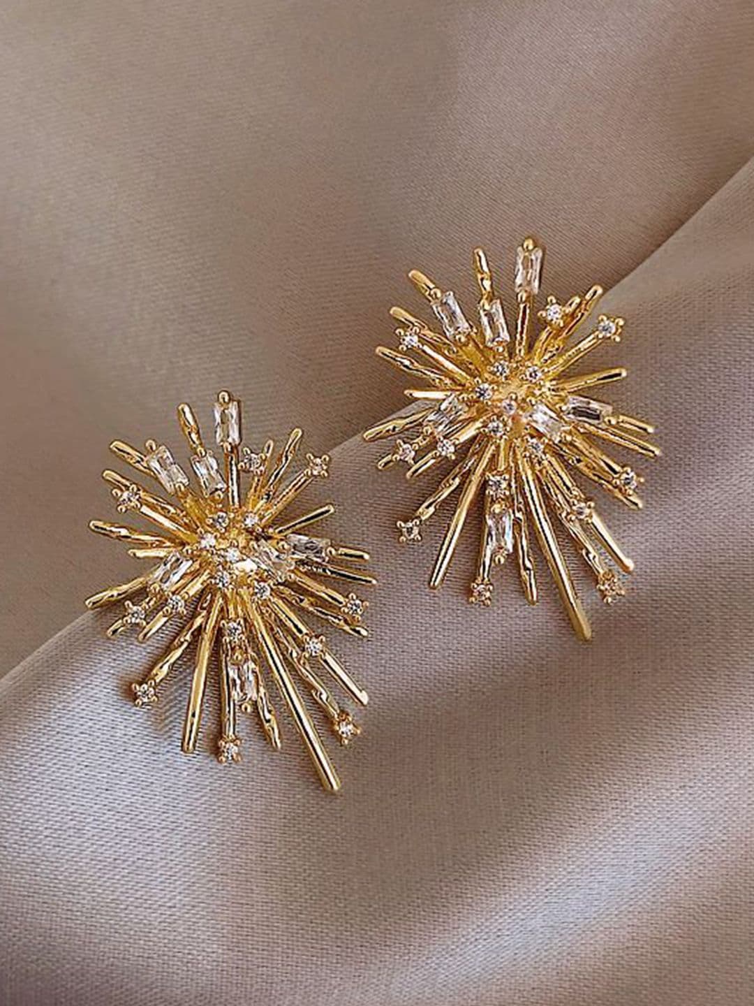 DressBerry Korean Gold-Plated American Diamond Studded Spiked Shaped Drop Earrings - view 1