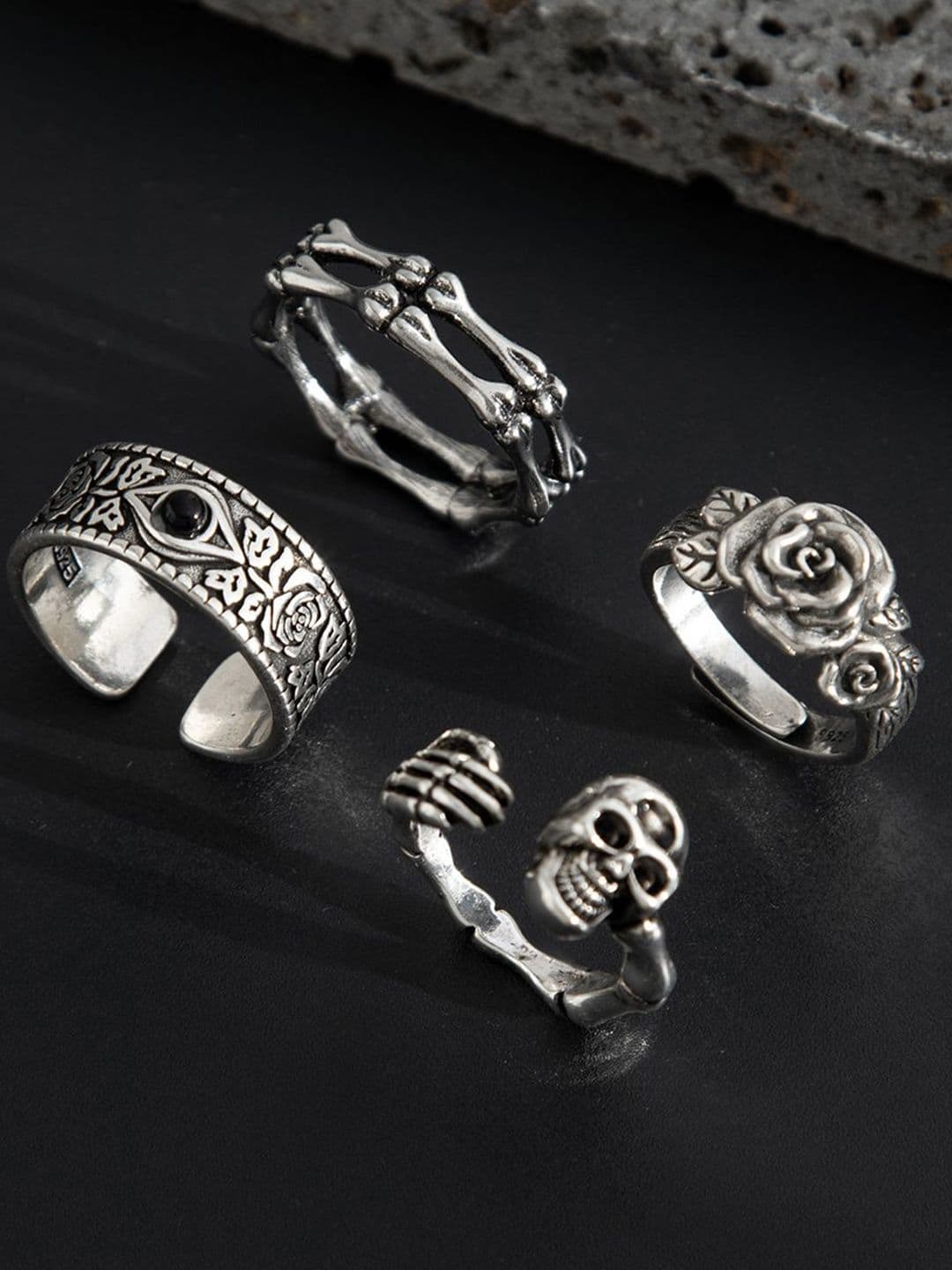 StyleCast x Revolte Set of 4 Silver-Plated Stone-Studded Adjustable Finger Ring - view 1