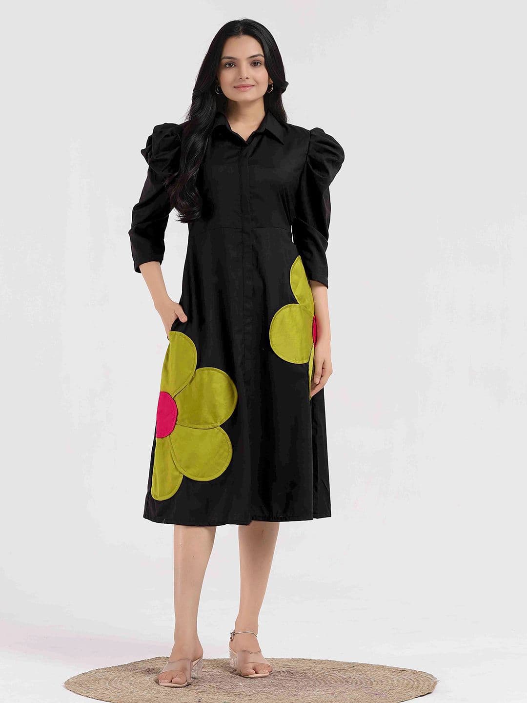 WEAVLLITE Floral Print Puff Sleeve Applique A-Line Maxi Dress - view 1