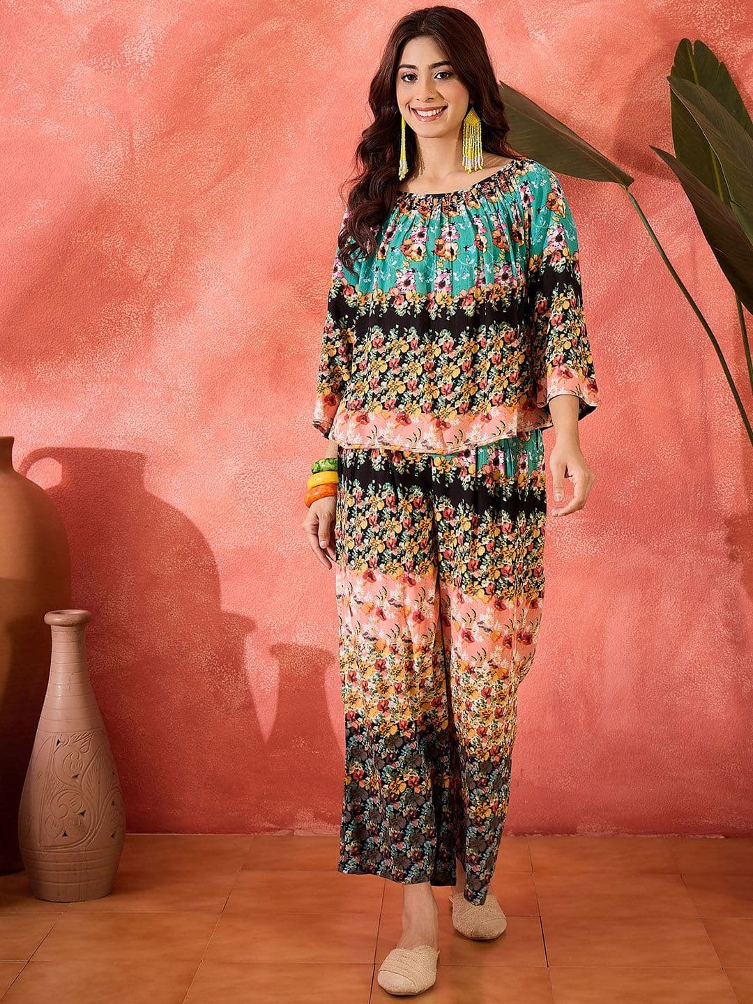 Sangria Floral Printed Top & Trousers Co-Ord Set - view 1