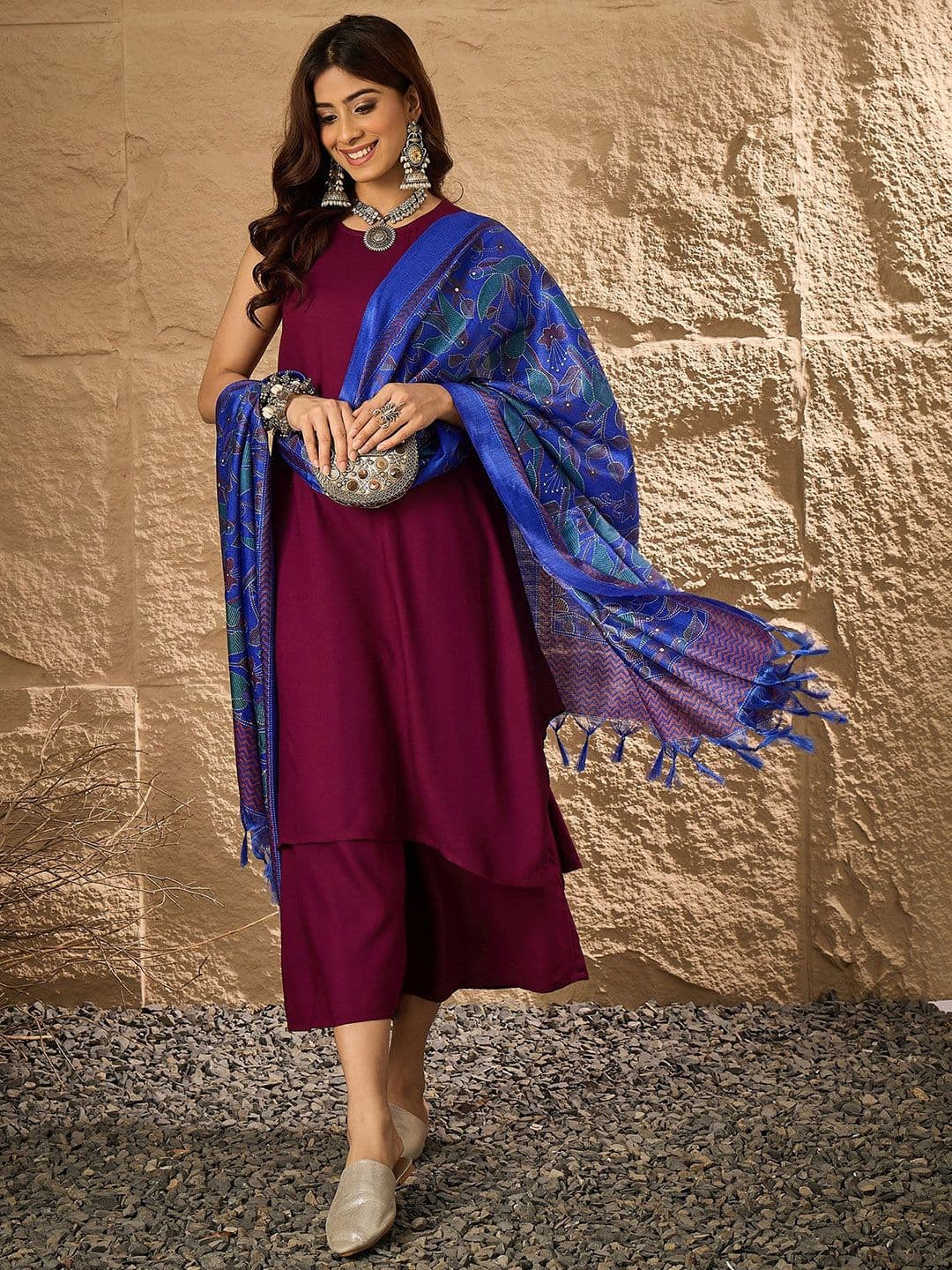 InWeave Women Solid Regular Fusion Kurta with Palazzos & With Dupatta - view 1