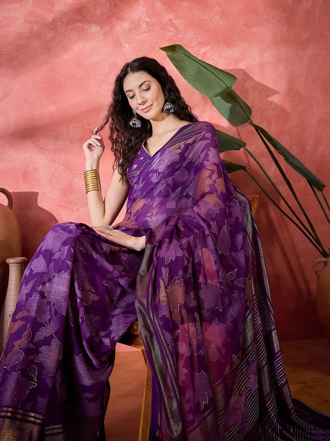 Sangria Floral Printed Saree with Unstitched Blouse - view 1