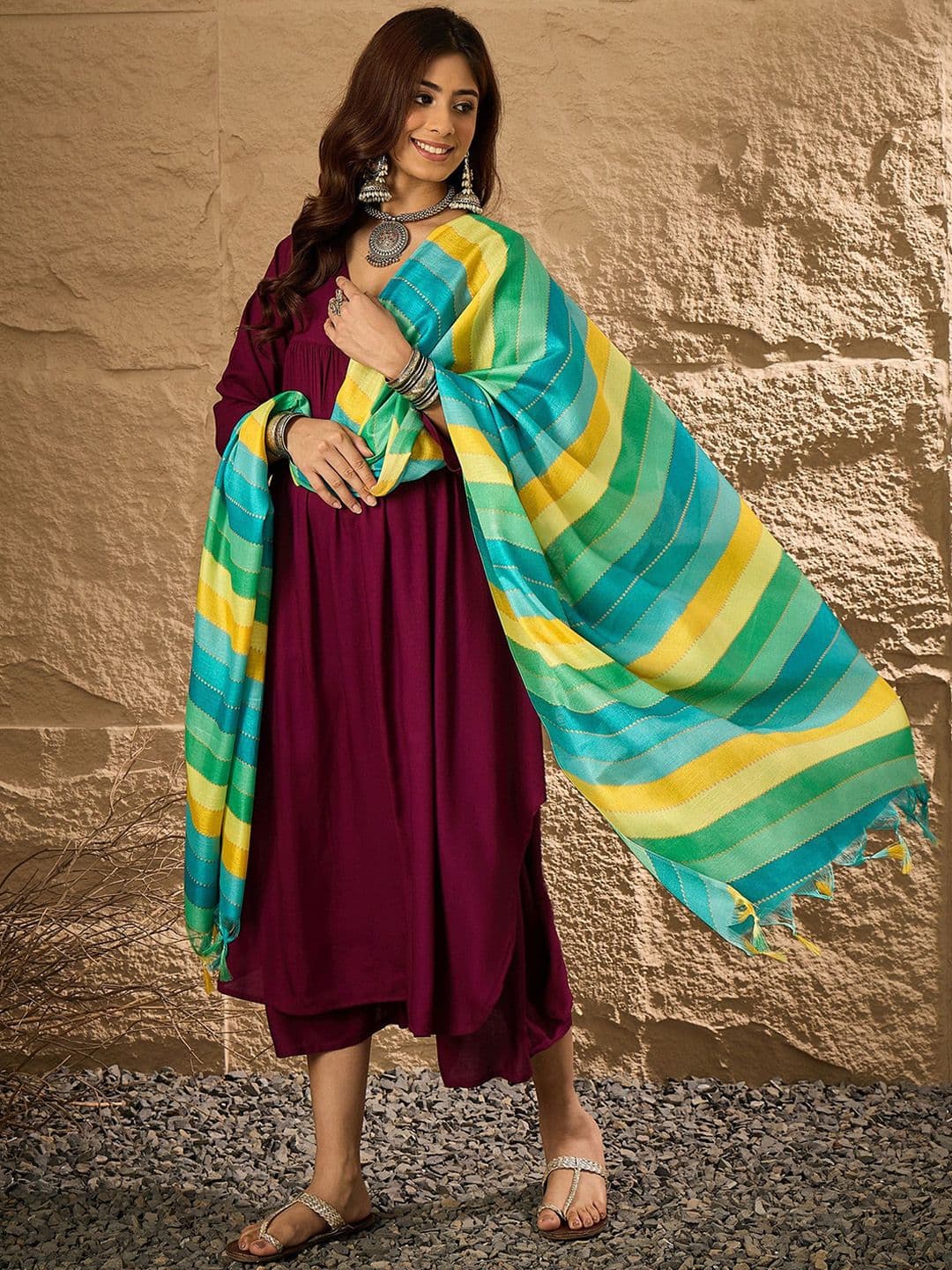 InWeave V Neck A Line Kurta With Palazzos & Dupatta - view 1