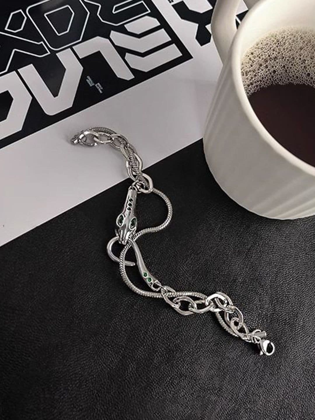 StyleCast x Revolte Men Stainless Steel Silver-Plated Stones Studded Link Bracelet - view 1