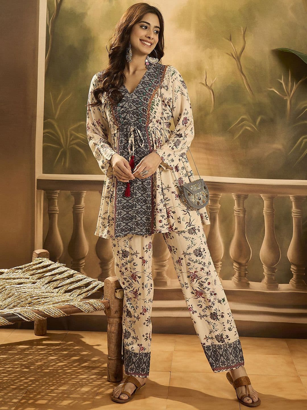 Sangria Floral Printed V-Neck Tunic & Trousers Co-Ord Set - view 1