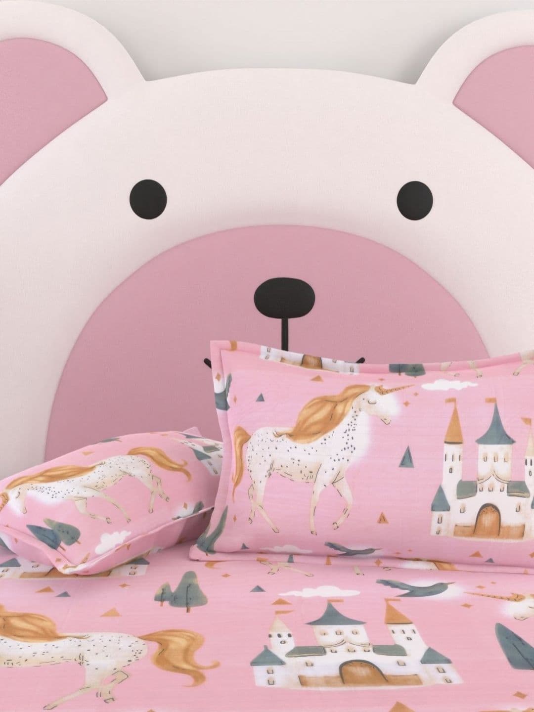 Pure Decor Pink Unicorn Cradle 210TC Cotton Double Bed Bedsheet & 2 Pillow Cover 90X100" - view 1