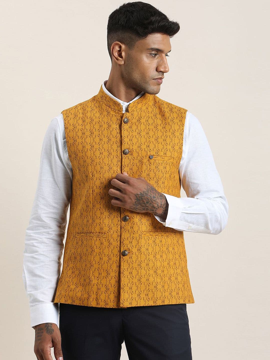 Turtle Printed Mandarin Collar Nehru Jacket - view 1