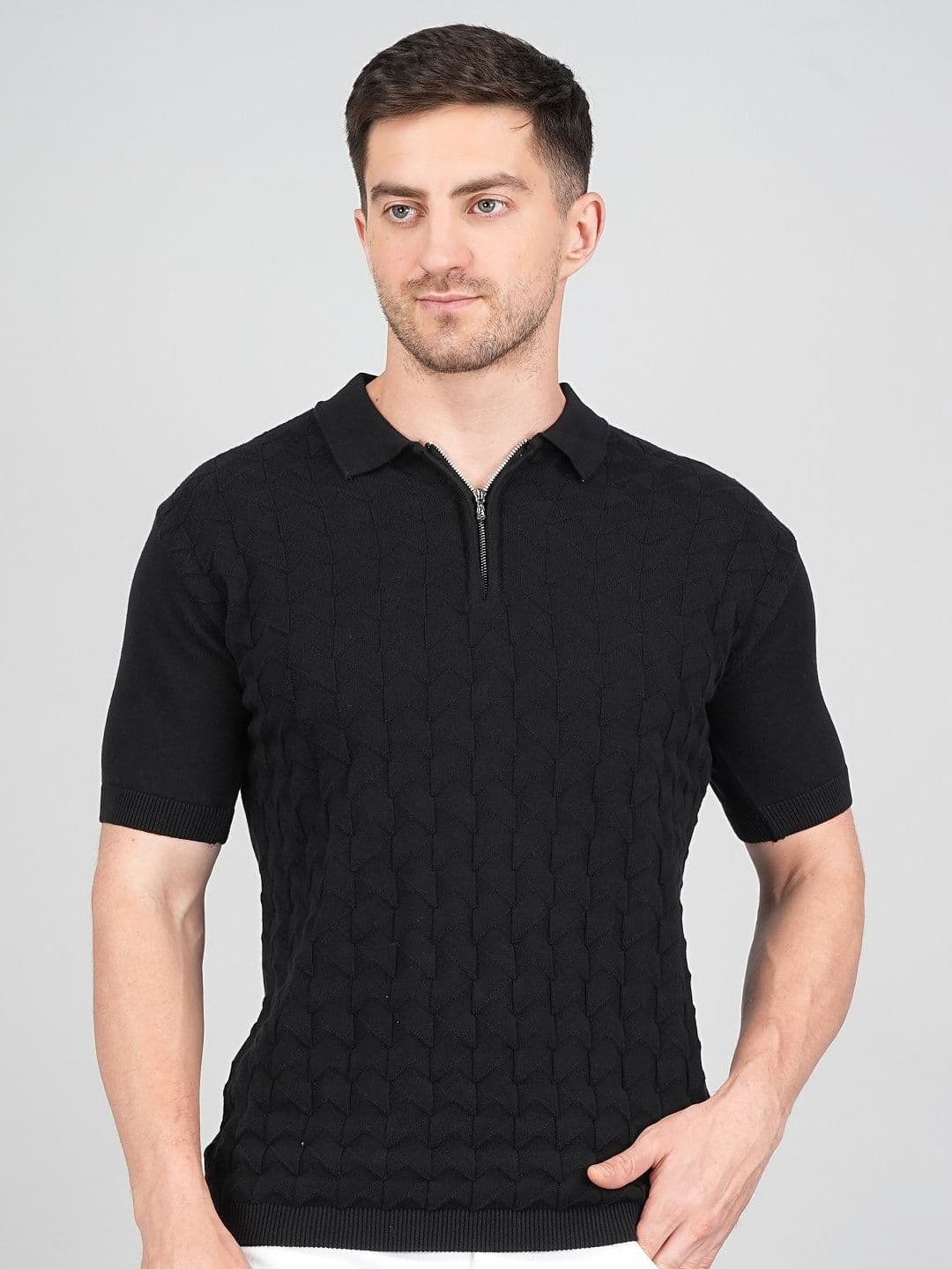 FEVERFEW Self Design Polo Collar Short Sleeves Cotton T-shirt - view 1