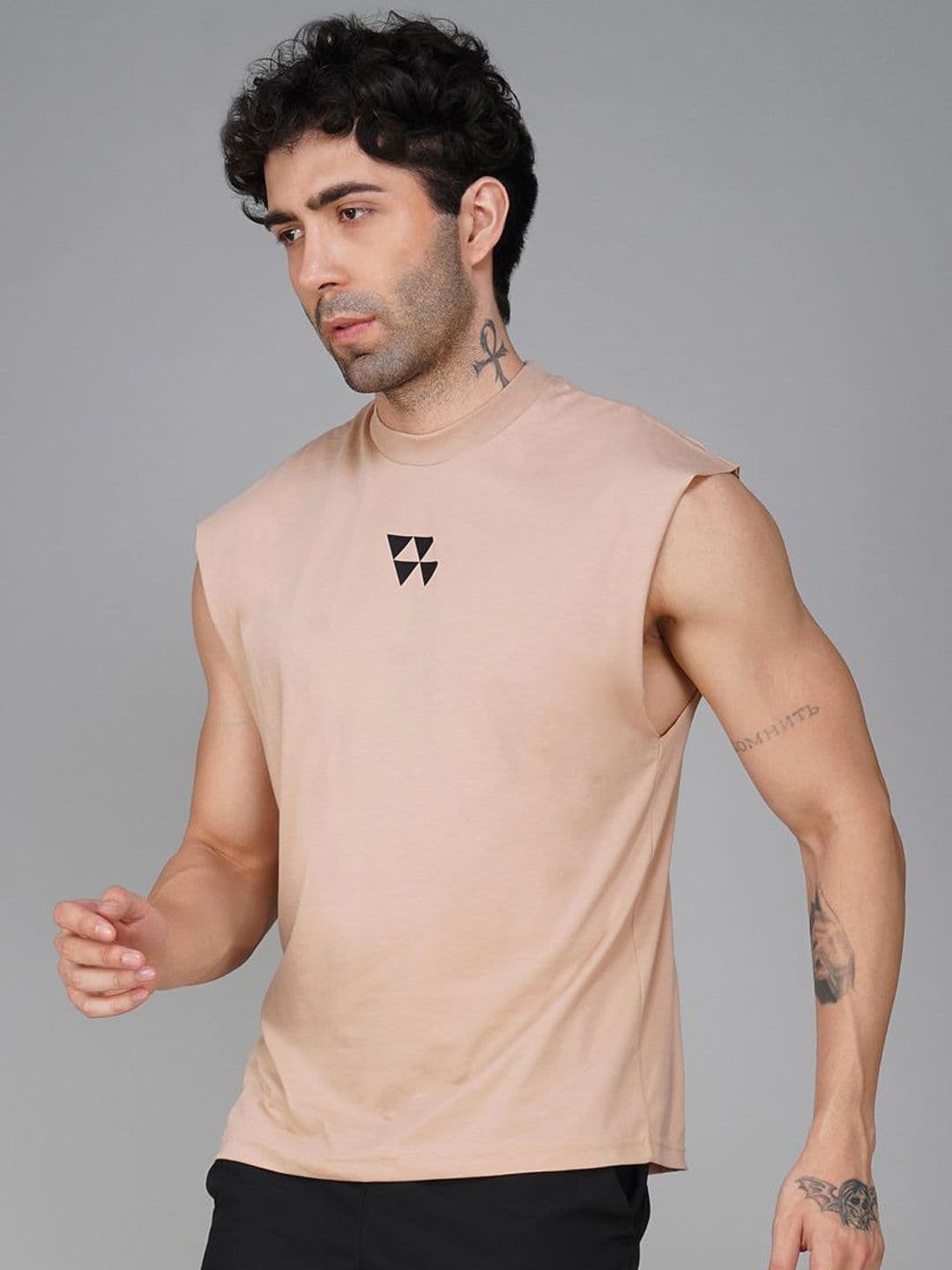 Brauch Printed Round Neck Gym Vest M-VEST-BACK-NEVERGIVEUP-BEIGE-S - view 1