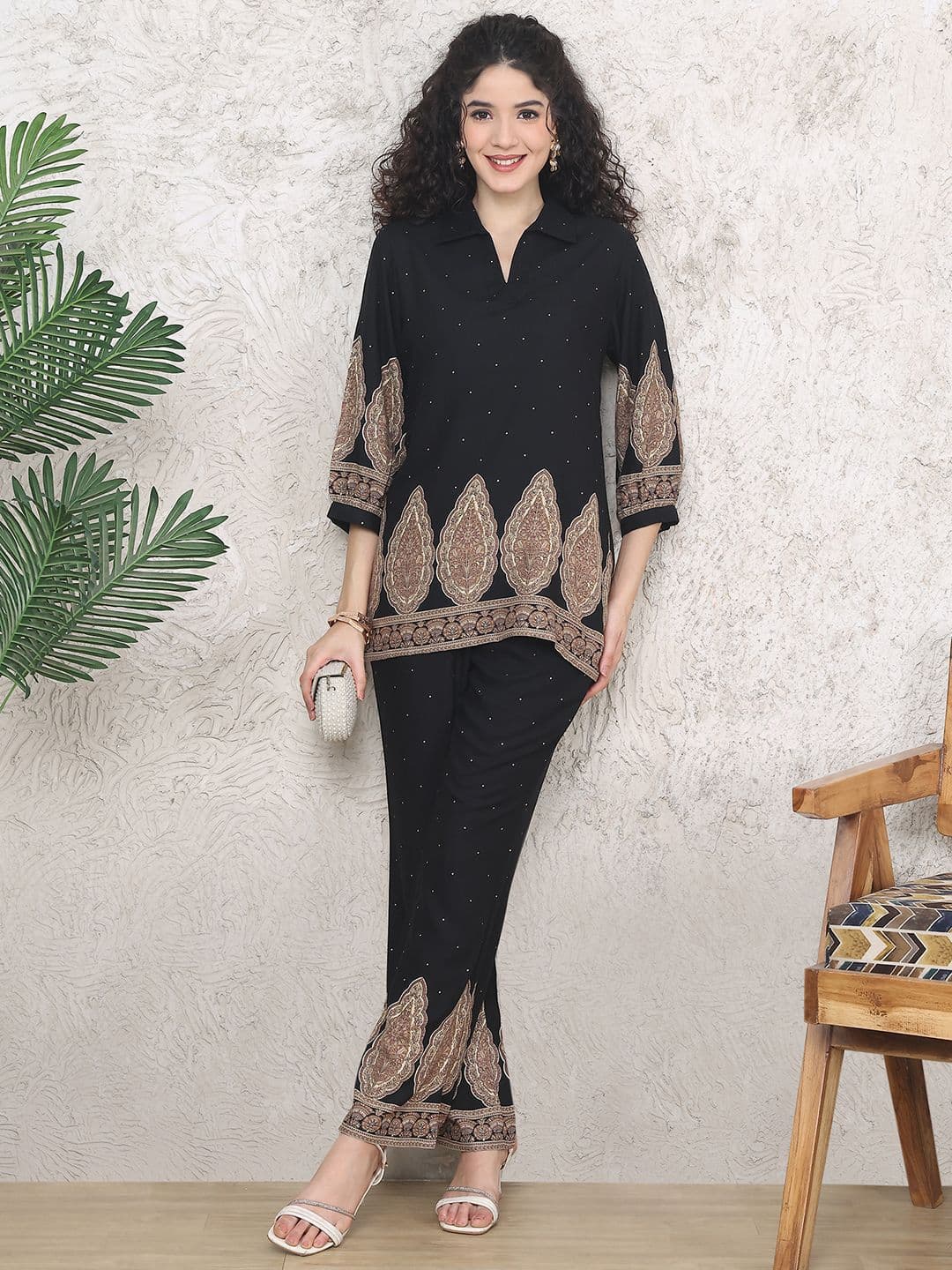 Claura Printed Shirt Collar Tunic With Trousers Co-Ords - view 1