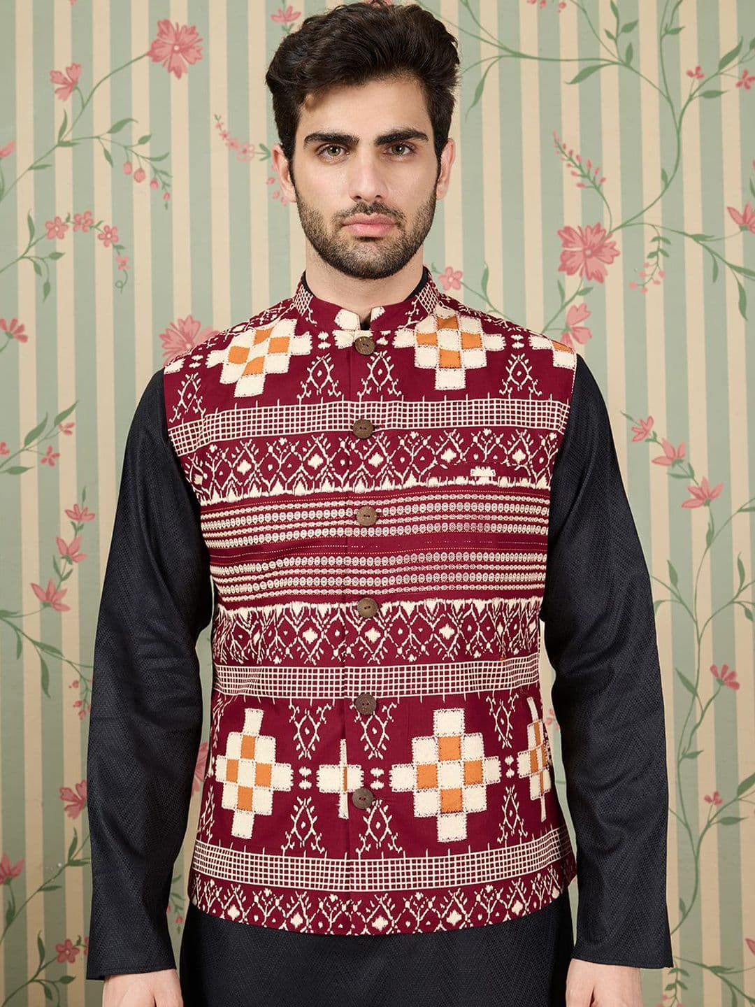 Ode by House of Pataudi Printed Pure Cotton Mandarin Collar Nehru Jacket - view 1