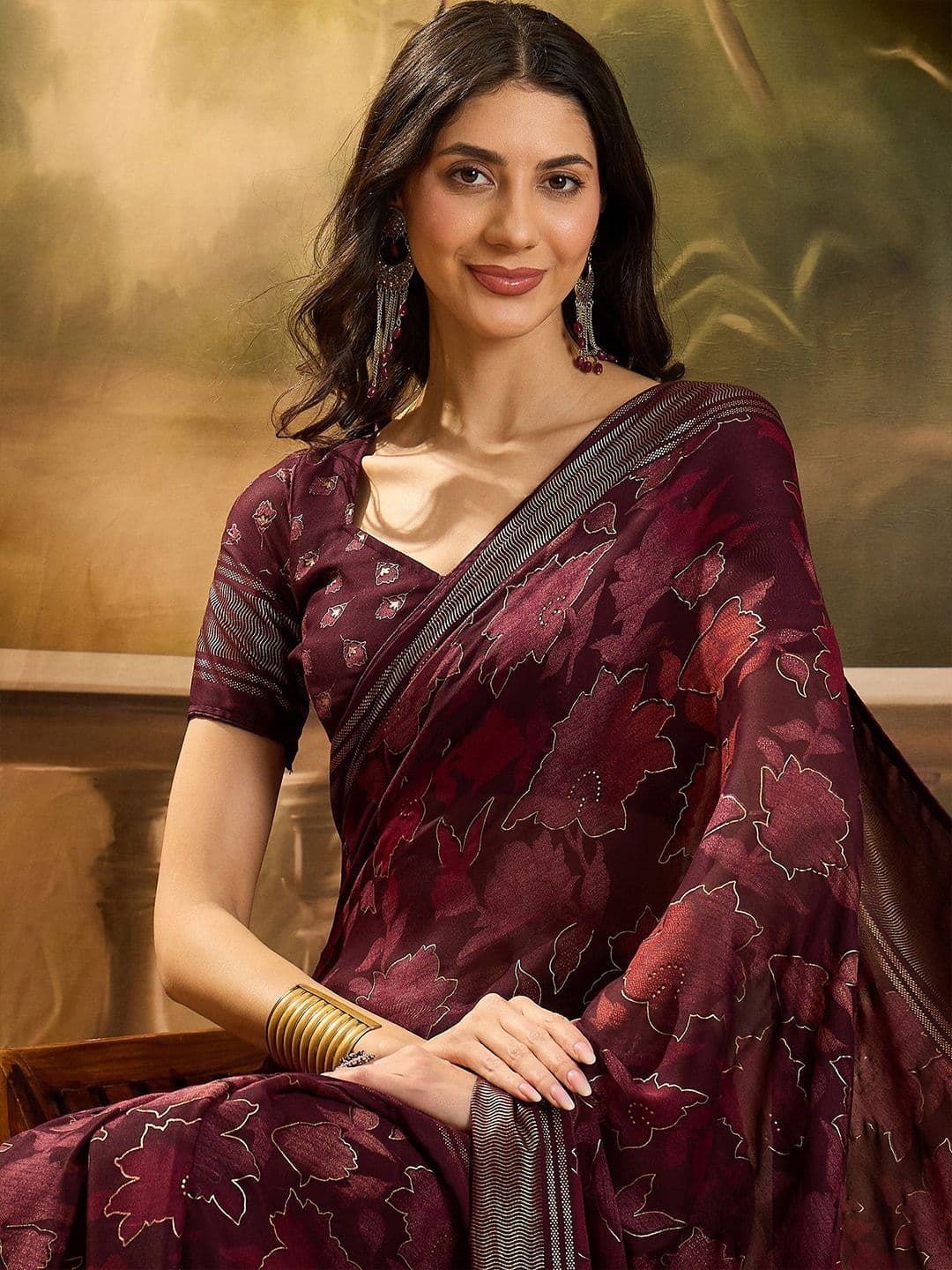 Sangria Floral Printed & Embellished Saree With Blouse Piece - view 1